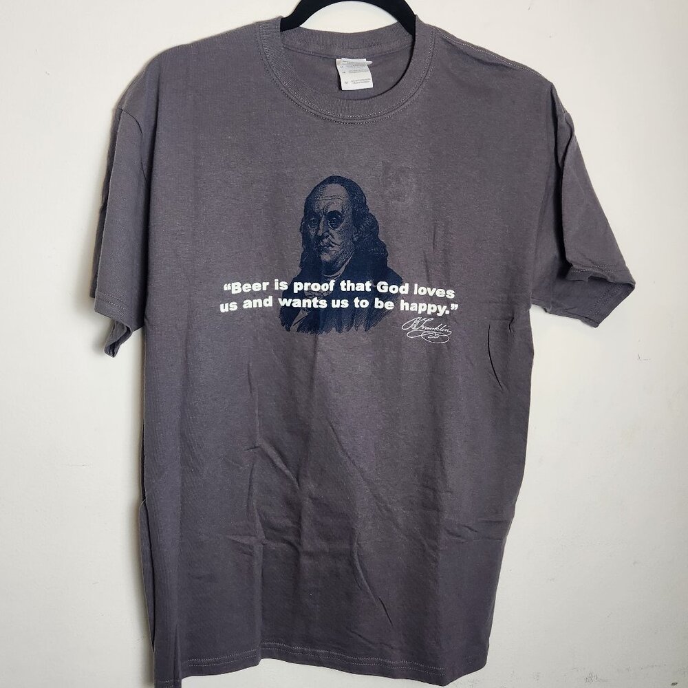 Benjamin Franklin Funny Beer Quote T Shirt Gray Graphic Tee Gildan Medium